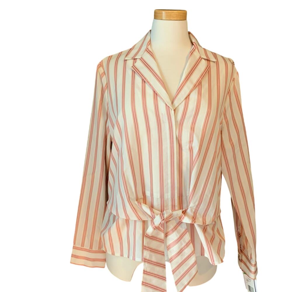 Jones New York Womens L Button Down  Long-sleeved V-neck peplum Blouse Top NWT